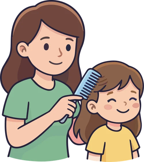 Illustrazione di una mamma che pettina i capelli della figlia con un pettine a denti fitti